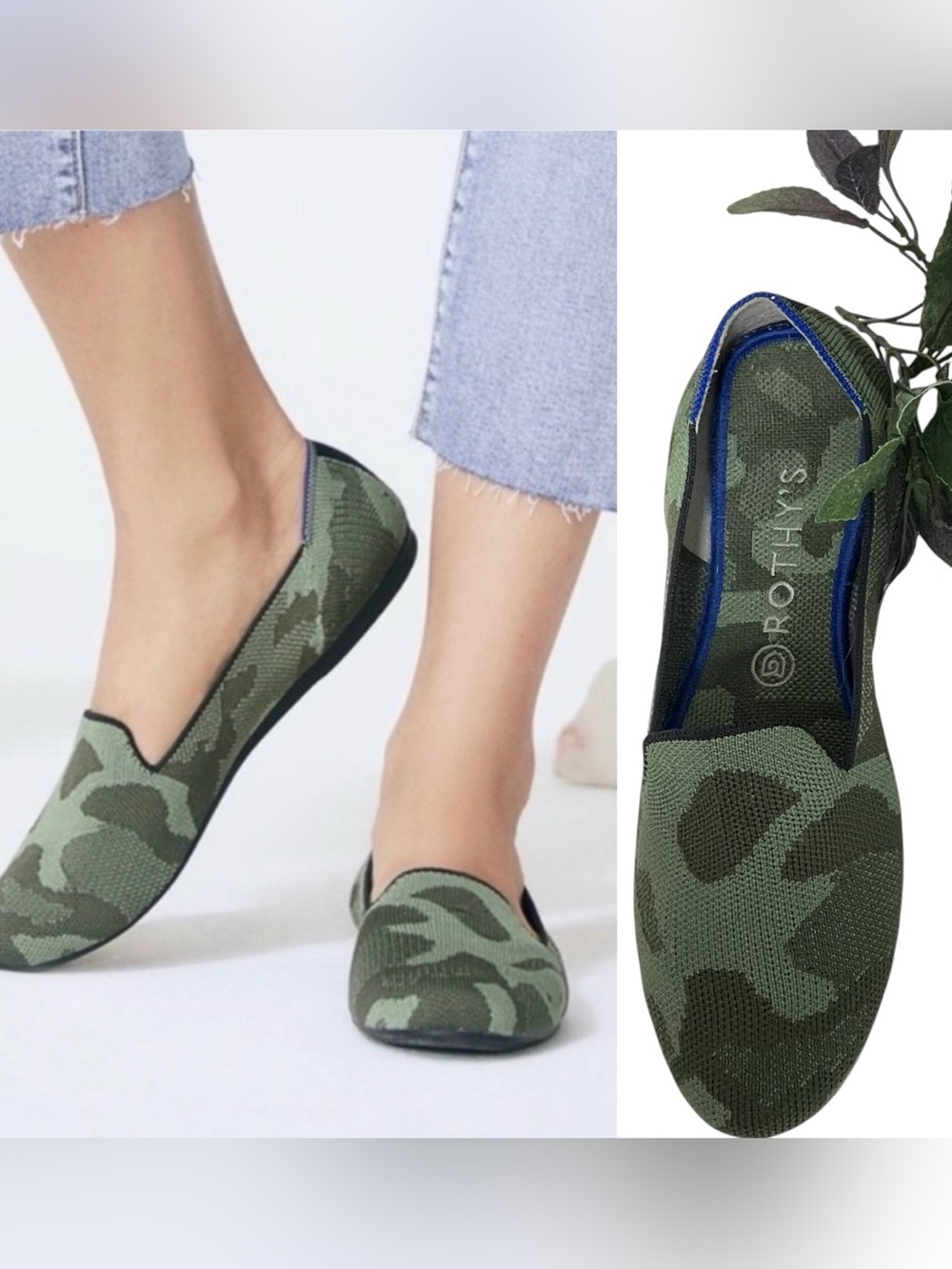 Rothy's The Loafer WMNS Olive Green Camo Slip On Knit Flat Shoes Sz US 9.5